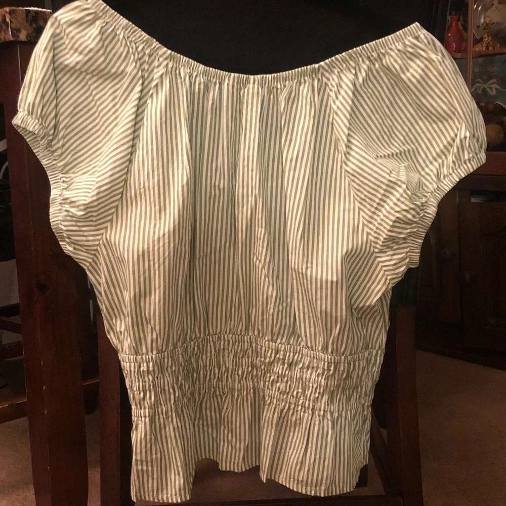 Banana Republic Green and White Striped Puff Sleeve Peasant Blouse